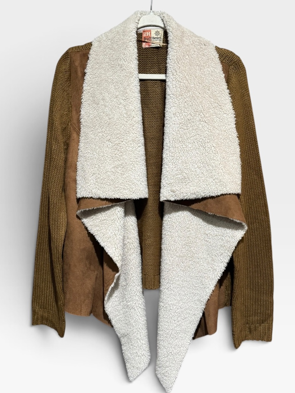 RUFF HEWN Sherpa Collar Faux-Suede Draped Jacket XL 22” p2p Brown/Cream $99 NWT - Picture 2 of 12